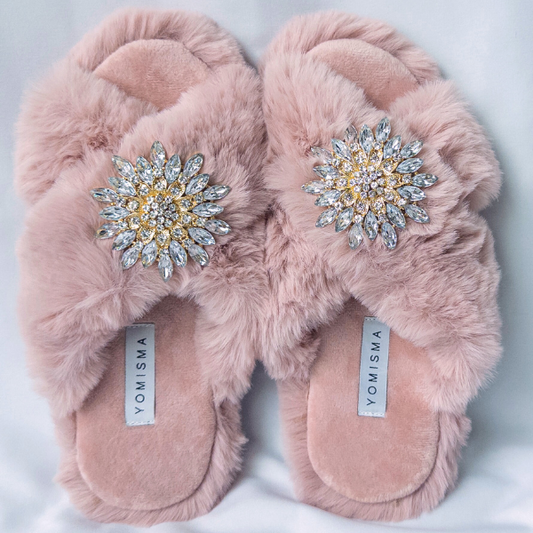 Faux Fur Slippers - Global Recycled Standard Certified with Clear Jewel Embellishments