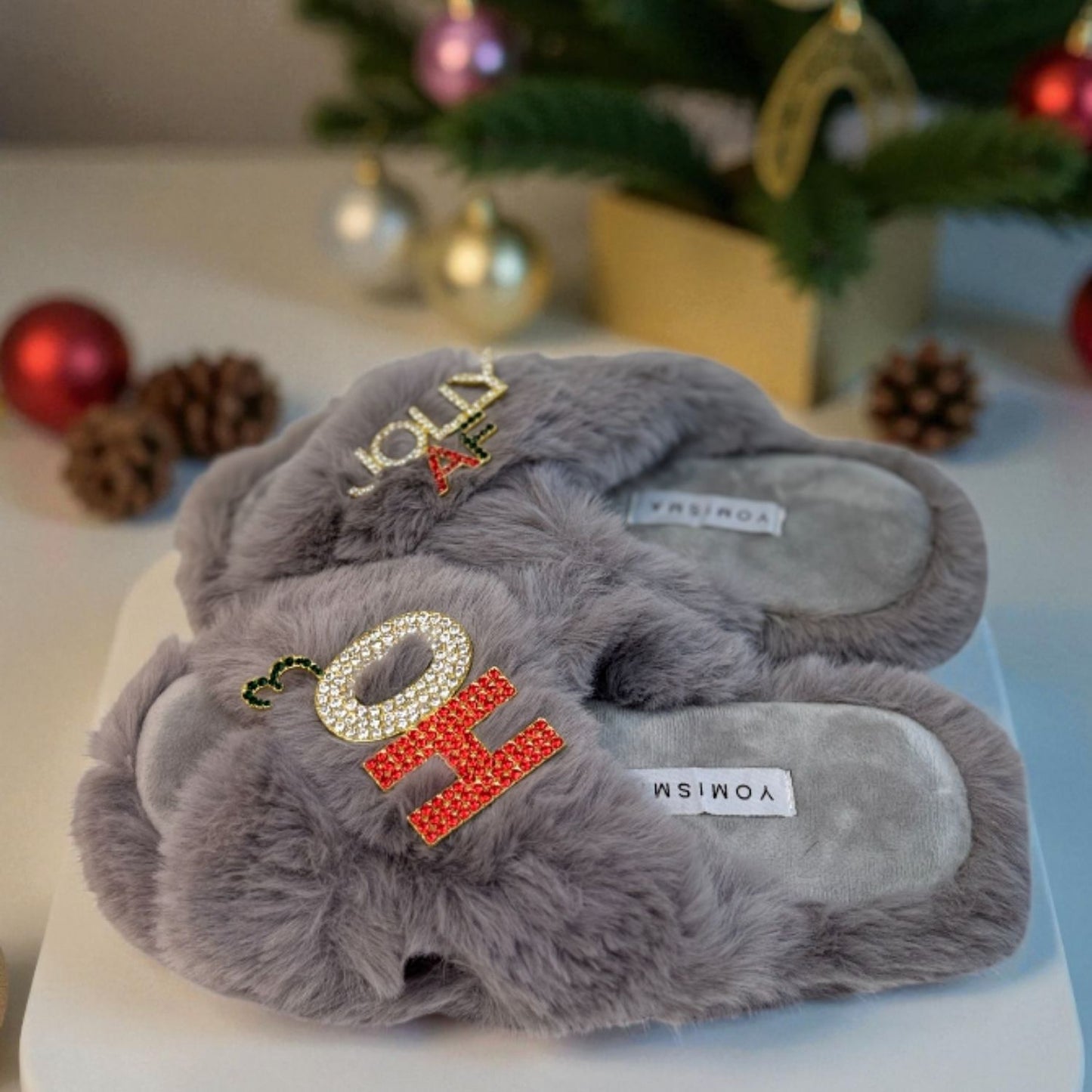 Faux Fur Slippers - Global Recycled Standard Certified with Rhinestone HO3 + Jolly AF