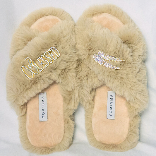 Faux Fur Slippers - Global Recycled Standard Certified with Blessed + Angel Wing Embellishment