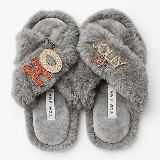 Faux Fur Slippers - Global Recycled Standard Certified with Rhinestone HO3 + Jolly AF