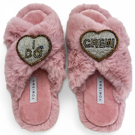 Faux Fur Slippers - Global Recycled Standard Certified with Beaded Wedding (I DO CREW) Brooch