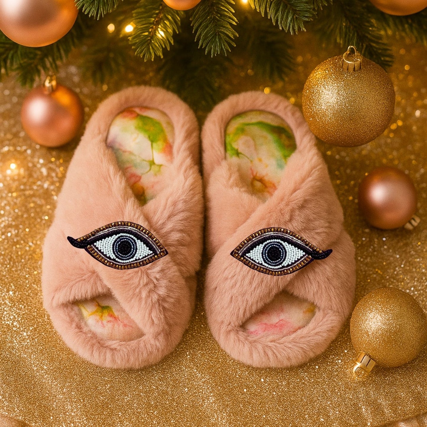 Faux Fur Slippers - Global Recycled Standard Certified with Third Eye Embellishment
