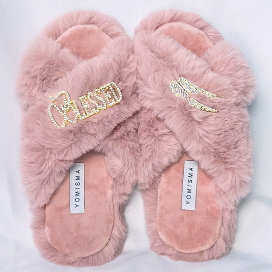 Faux Fur Slippers - Global Recycled Standard Certified with Blessed + Angel Wing Embellishment