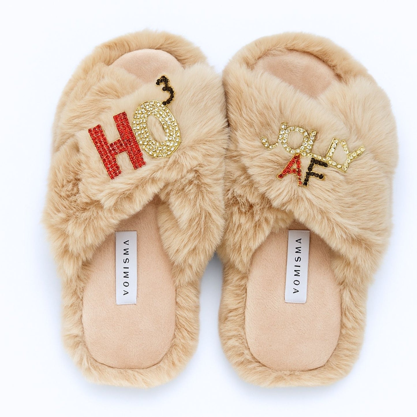 Faux Fur Slippers - Global Recycled Standard Certified with Rhinestone HO3 + Jolly AF