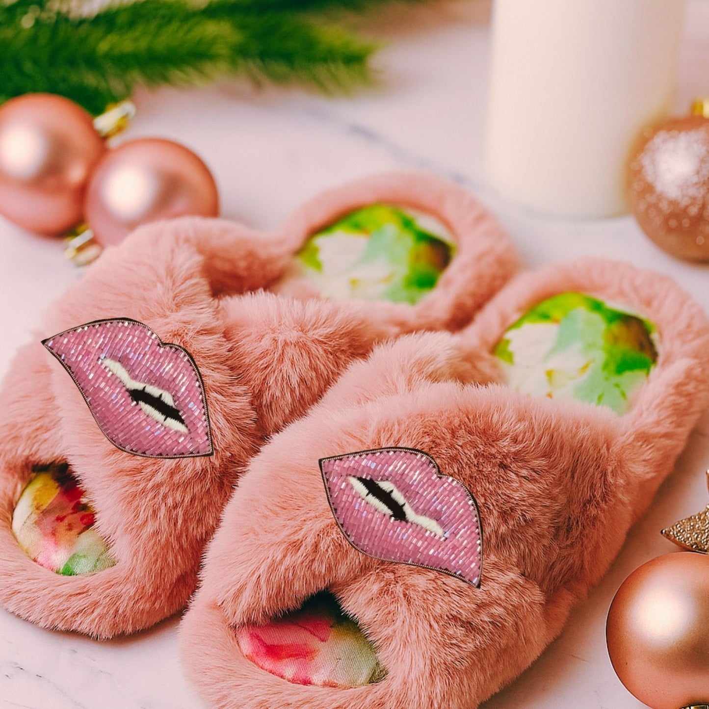 Faux Fur Slippers - Global Recycled Standard Certified with Lips Embellishment