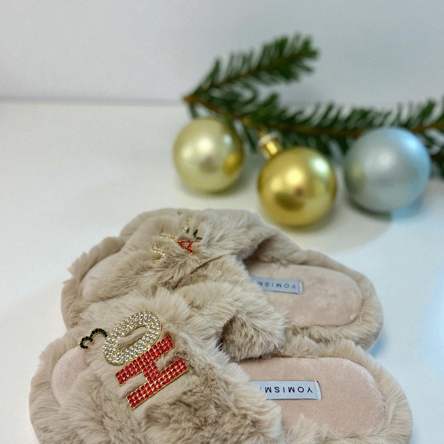 Faux Fur Slippers - Global Recycled Standard Certified with Rhinestone HO3 + Jolly AF