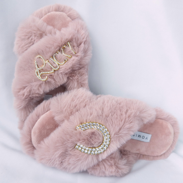 Faux Fur Slippers - Global Recycled Standard Certified with Lucky + Horse Shoe Embellishment