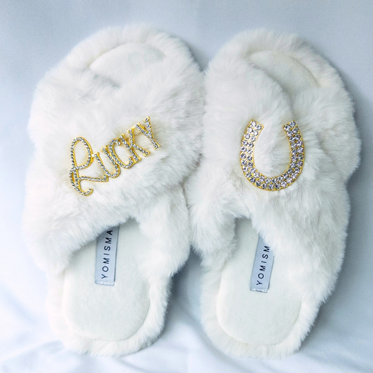 Faux Fur Slippers - Global Recycled Standard Certified with Lucky + Horse Shoe Embellishment