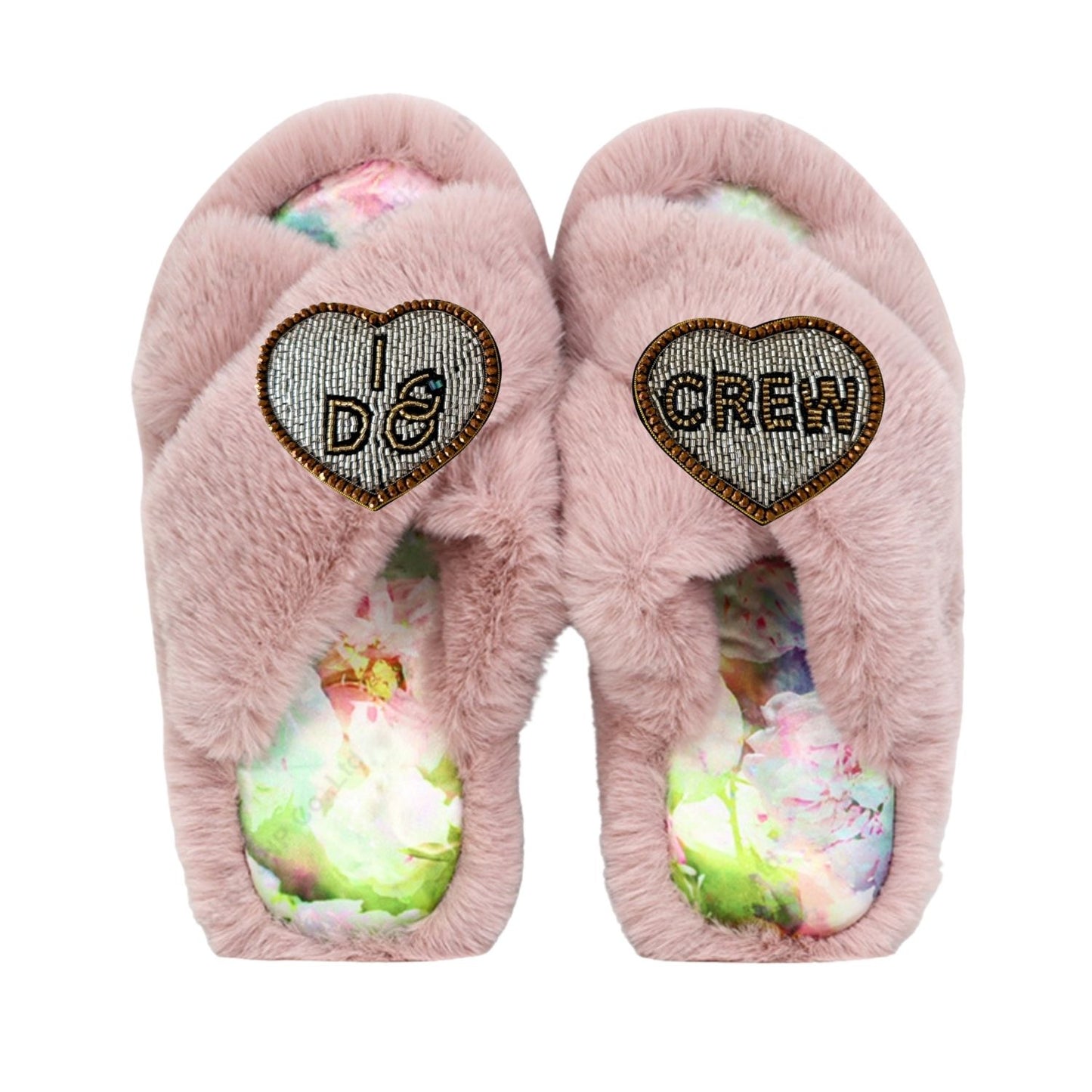Faux Fur Slippers - Global Recycled Standard Certified with Beaded Wedding (I DO CREW) Brooch