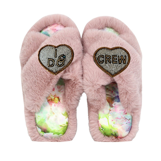 Faux Fur Slippers - Global Recycled Standard Certified with Beaded Wedding (I DO CREW) Brooch