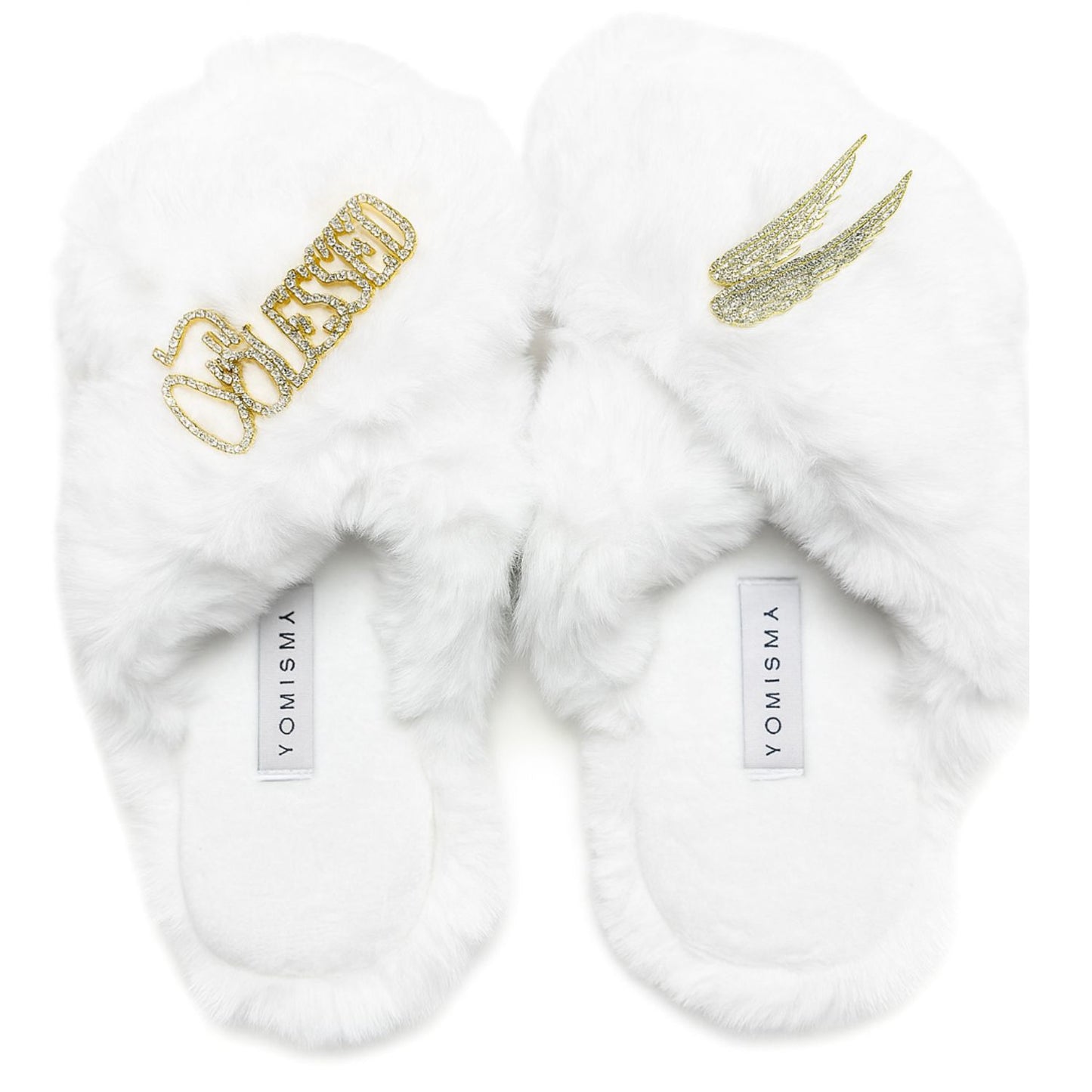 Faux Fur Slippers - Global Recycled Standard Certified with Blessed + Angel Wing Embellishment