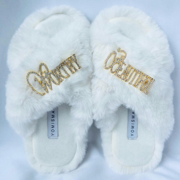 Faux Fur Slippers - Global Recycled Standard Certified with Worthy + Beautiful Embellishment