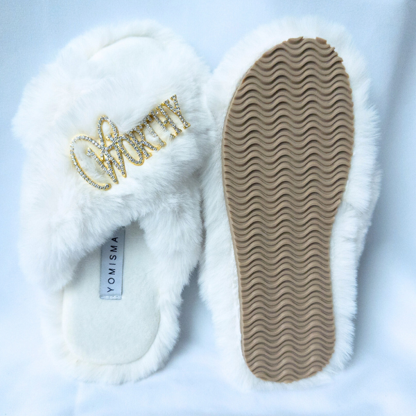 Faux Fur Slippers - Global Recycled Standard Certified with Worthy + Beautiful Embellishment