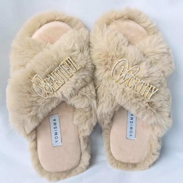 Faux Fur Slippers - Global Recycled Standard Certified with Worthy + Beautiful Embellishment