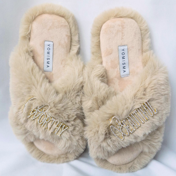 Faux Fur Slippers - Global Recycled Standard Certified with Worthy + Beautiful Embellishment