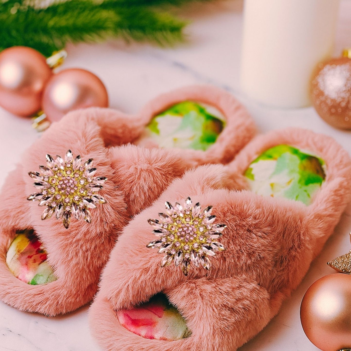 Faux Fur Slippers - Global Recycled Standard Certified with Light Pink Jewel Embellishments