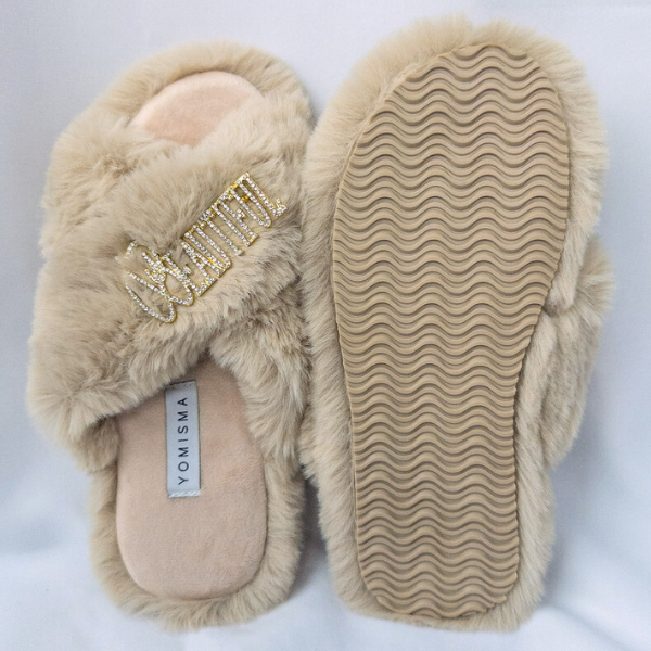 Faux Fur Slippers - Global Recycled Standard Certified with Worthy + Beautiful Embellishment