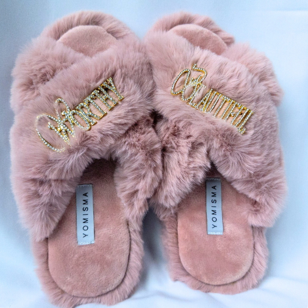 Faux Fur Slippers - Global Recycled Standard Certified with Worthy + Beautiful Embellishment