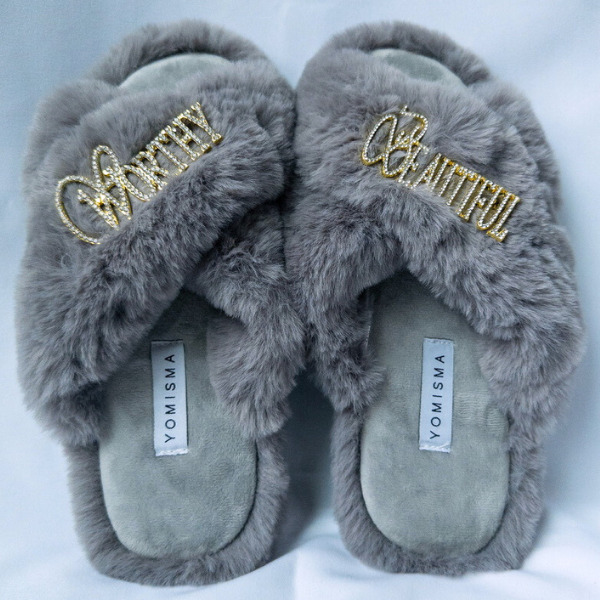 Faux Fur Slippers - Global Recycled Standard Certified with Worthy + Beautiful Embellishment