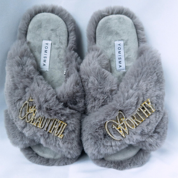 Faux Fur Slippers - Global Recycled Standard Certified with Worthy + Beautiful Embellishment