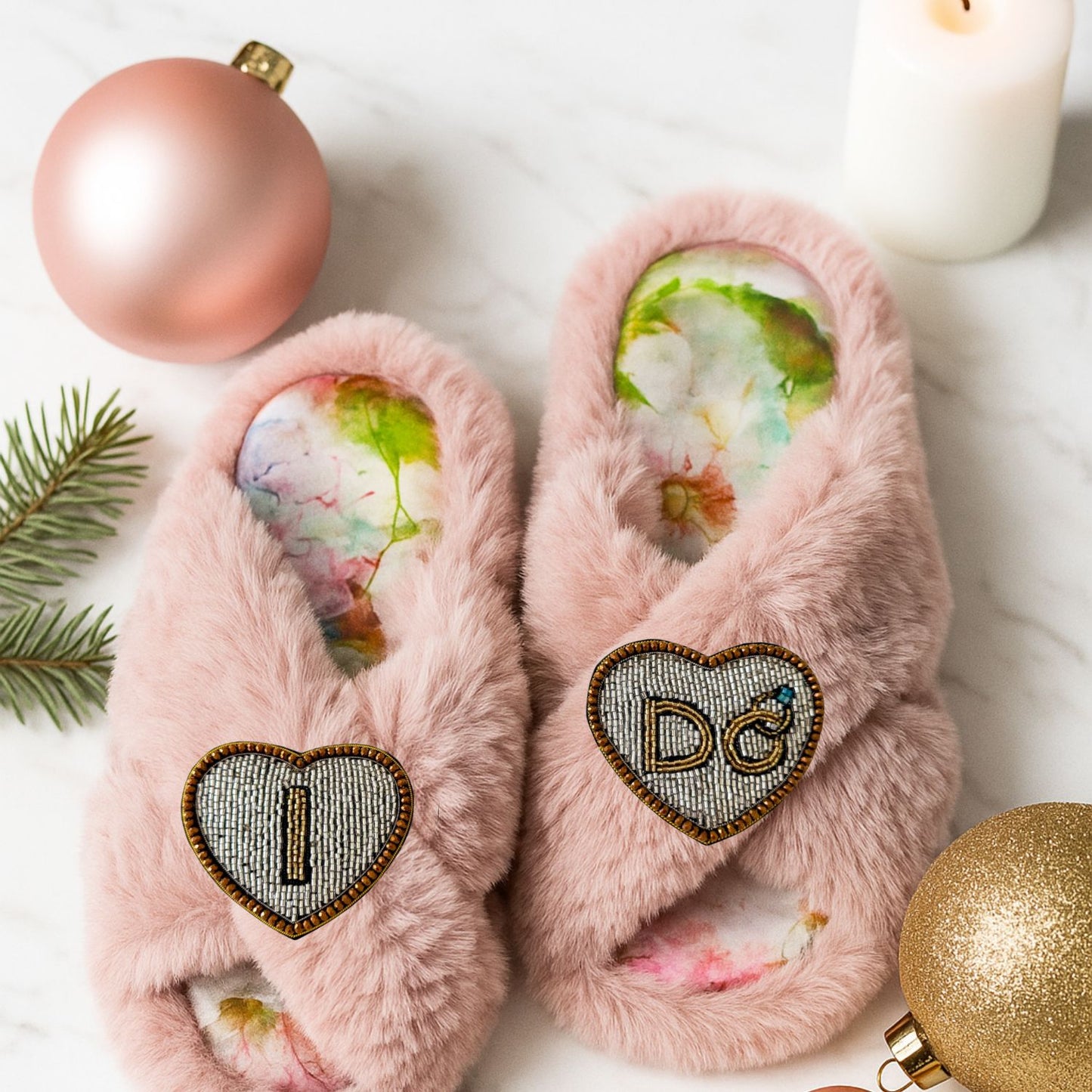 Faux Fur Slippers - Global Recycled Standard Certified with Beaded Wedding (I DO) Brooch