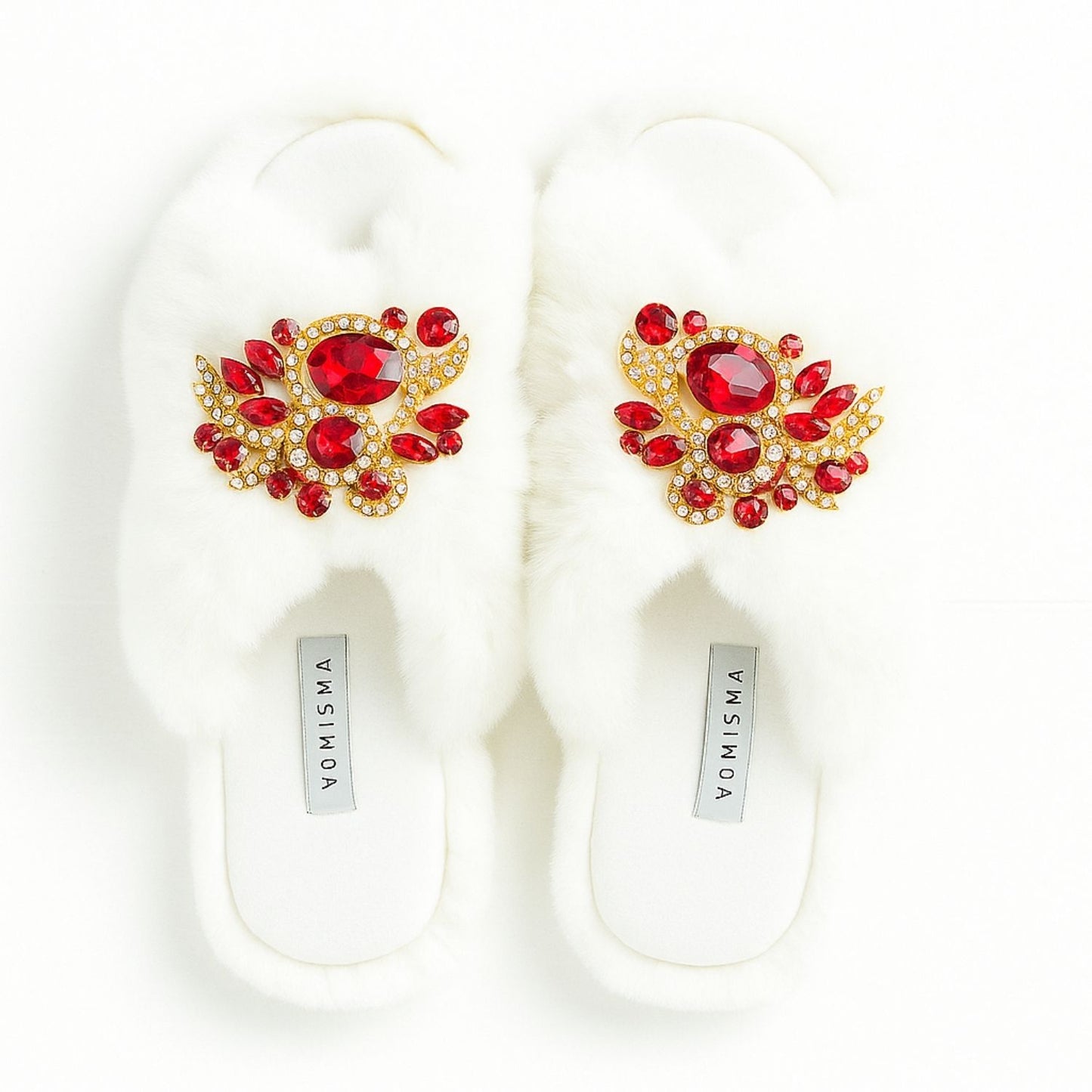 Faux Fur Slippers - Global Recycled Standard Certified with Red Holiday Brooches