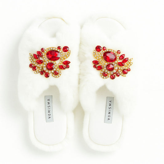 Faux Fur Slippers - Global Recycled Standard Certified with Red Holiday Brooches