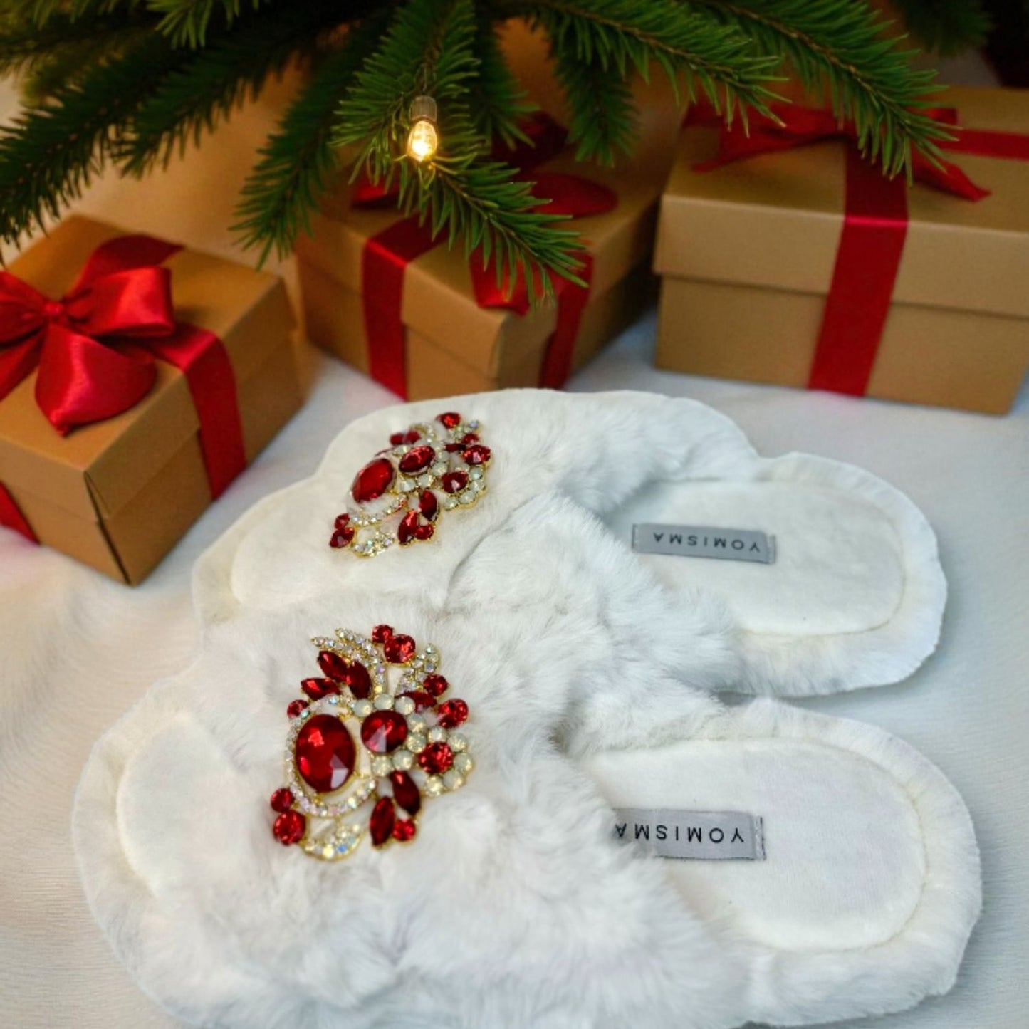 Faux Fur Slippers - Global Recycled Standard Certified with Red Holiday Brooches