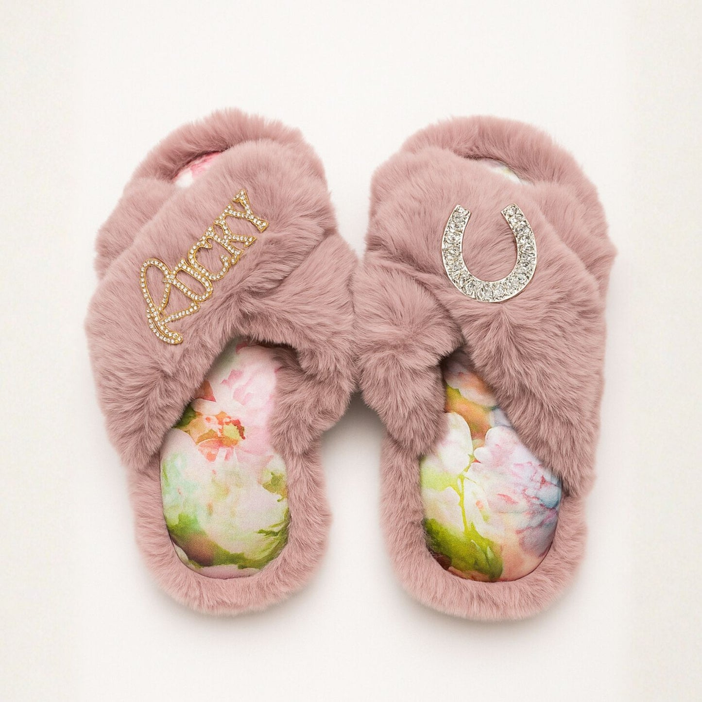 Faux Fur Slippers - Global Recycled Standard Certified with Lucky + Horse Shoe Embellishment