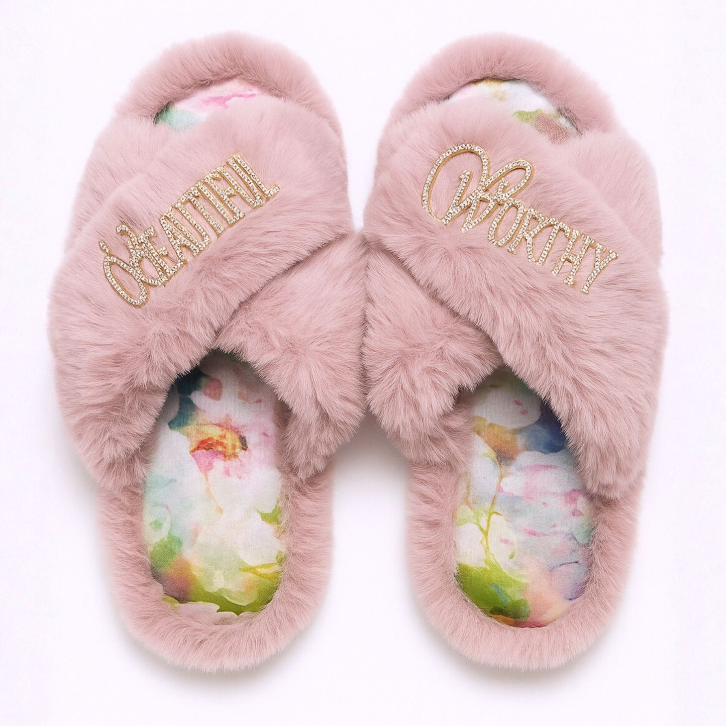 Faux Fur Slippers - Global Recycled Standard Certified with Worthy + Beautiful Embellishment