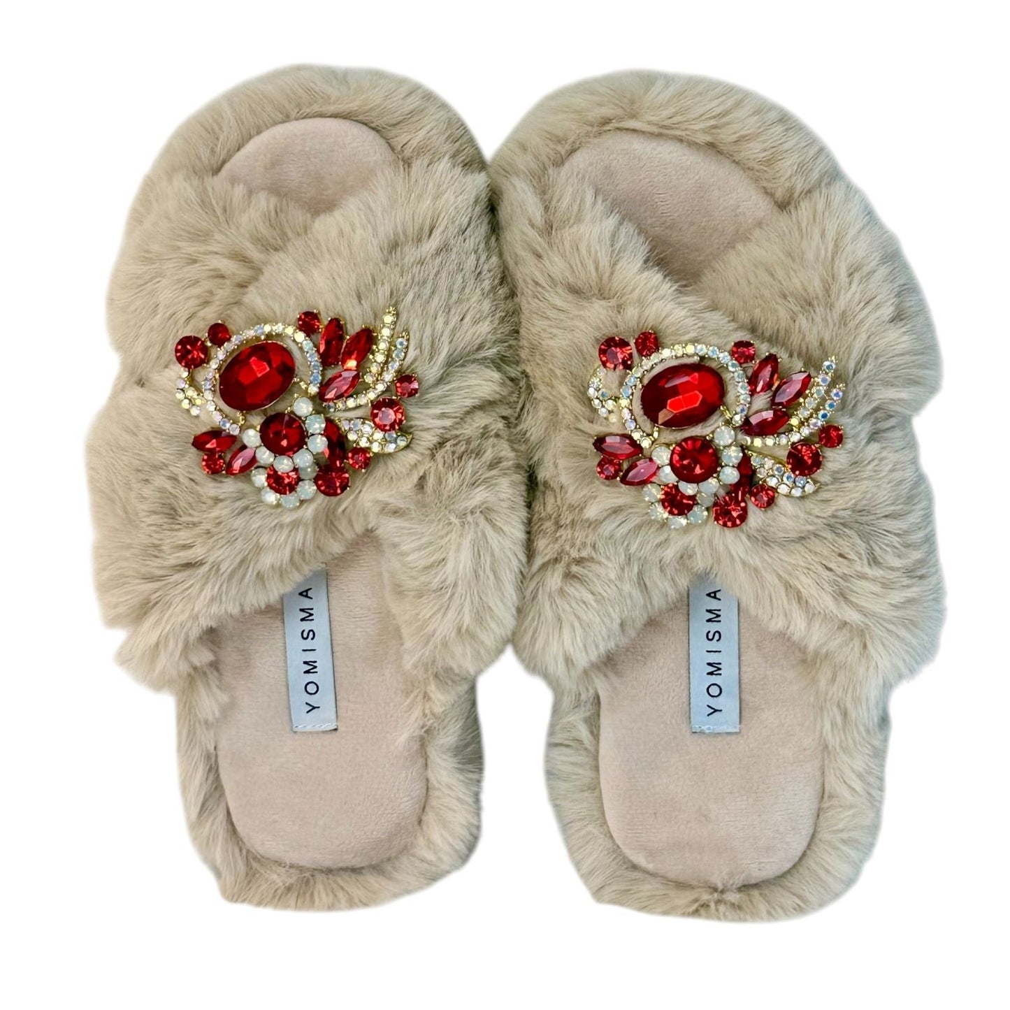 Faux Fur Slippers - Global Recycled Standard Certified with Red Holiday Brooches