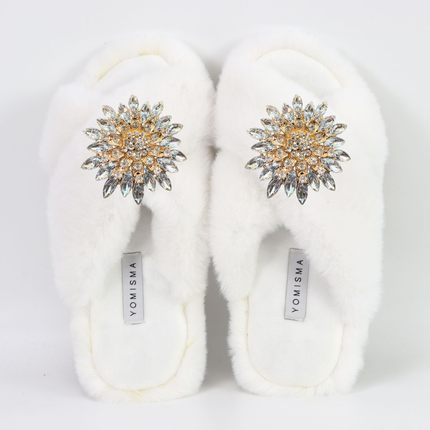 Faux Fur Slippers - Global Recycled Standard Certified with Clear Jewel Embellishments