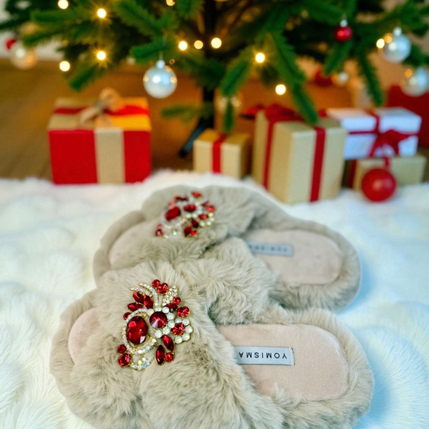 Faux Fur Slippers - Global Recycled Standard Certified with Red Holiday Brooches