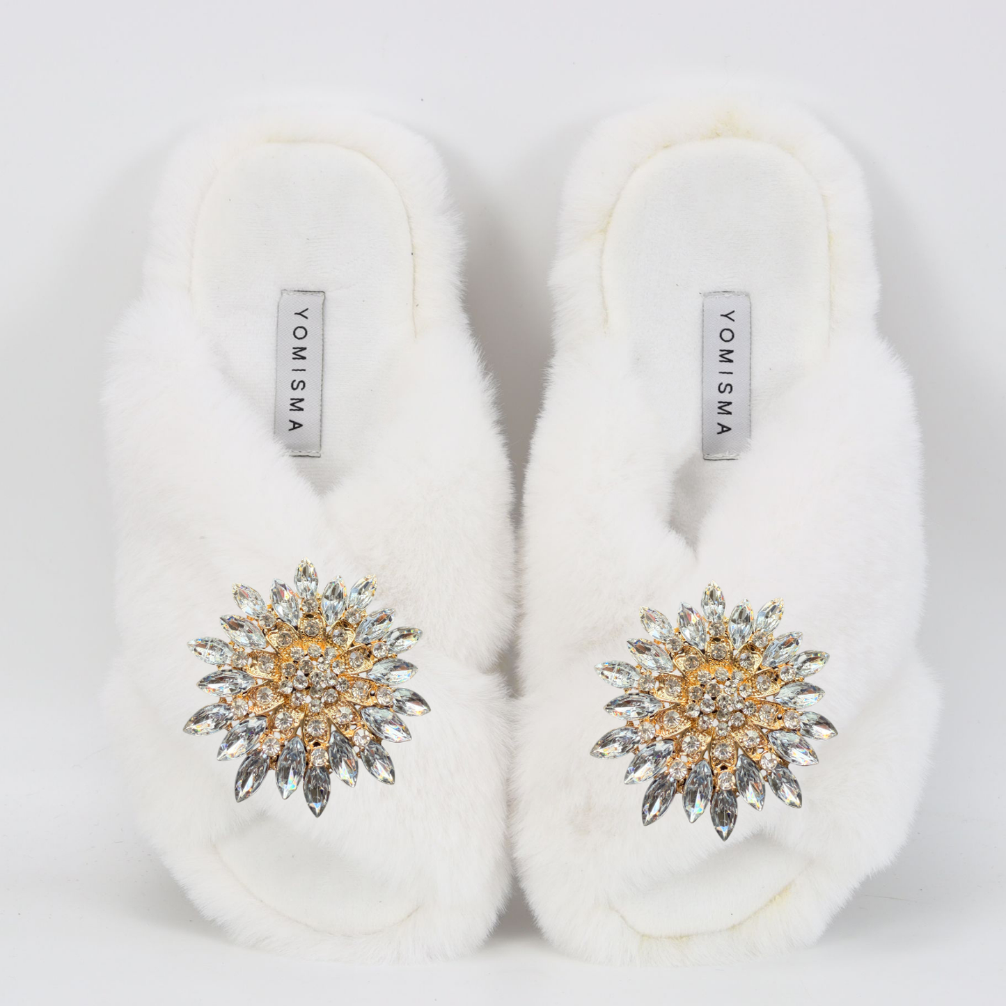 Faux Fur Slippers - Global Recycled Standard Certified with Clear Jewel Embellishments