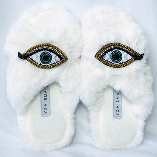 Faux Fur Slippers - Global Recycled Standard Certified with Third Eye Embellishment