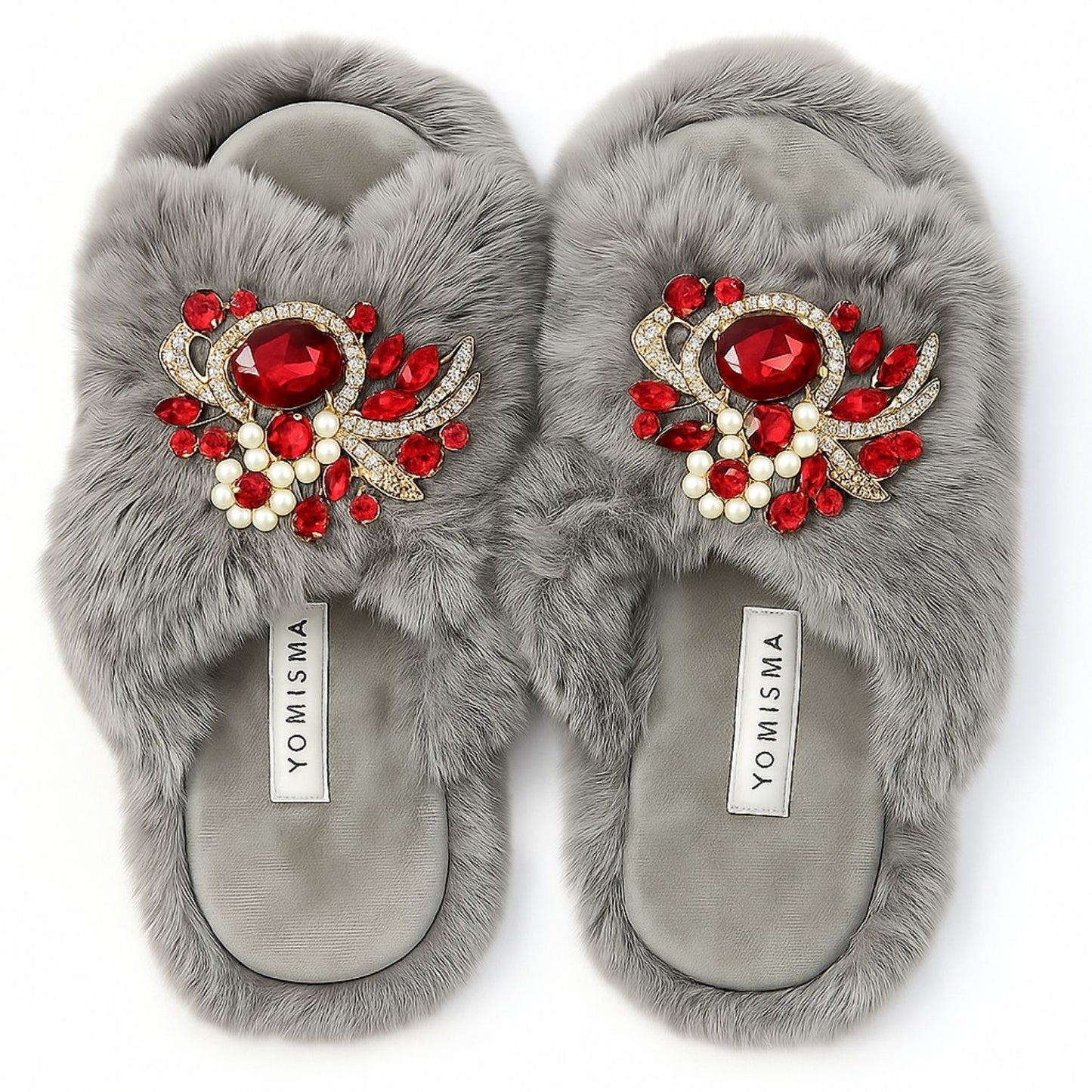 Faux Fur Slippers - Global Recycled Standard Certified with Red Holiday Brooches