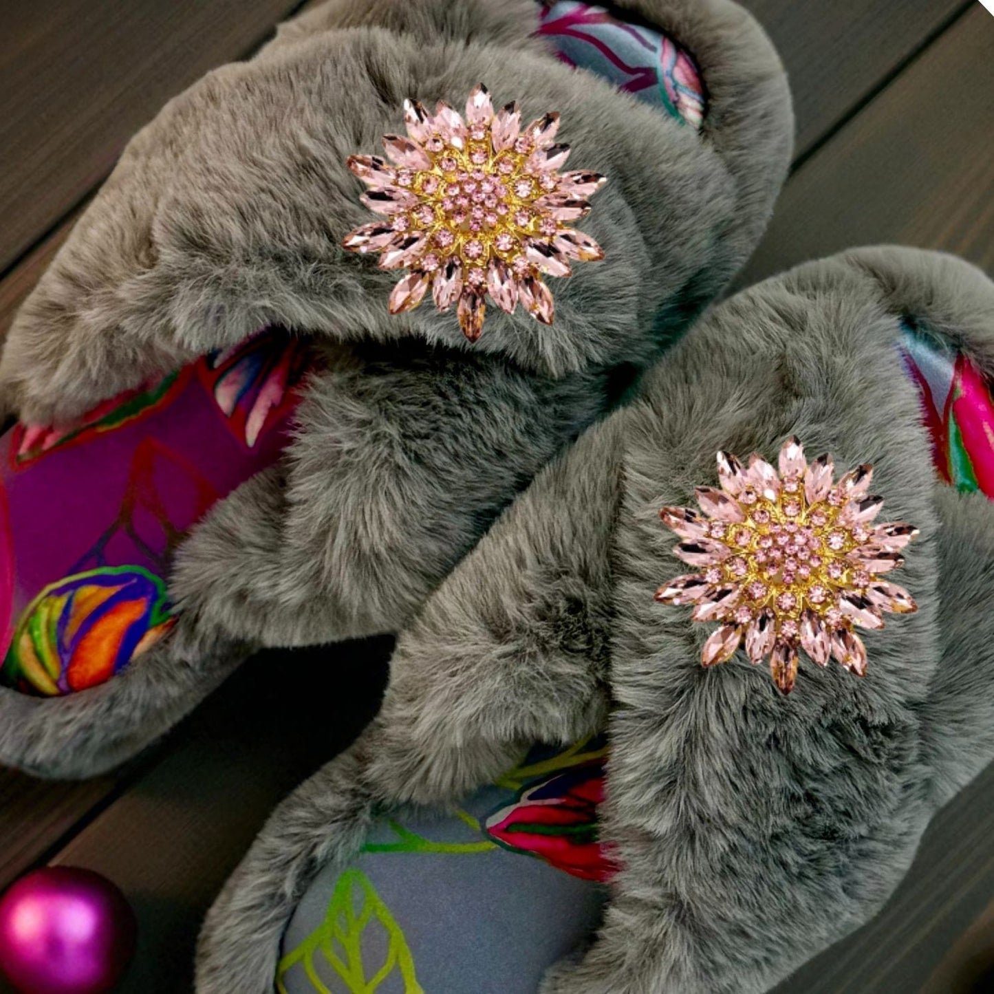 Faux Fur Slippers - Global Recycled Standard Certified with custom Carmen Lining + Pink Brooches