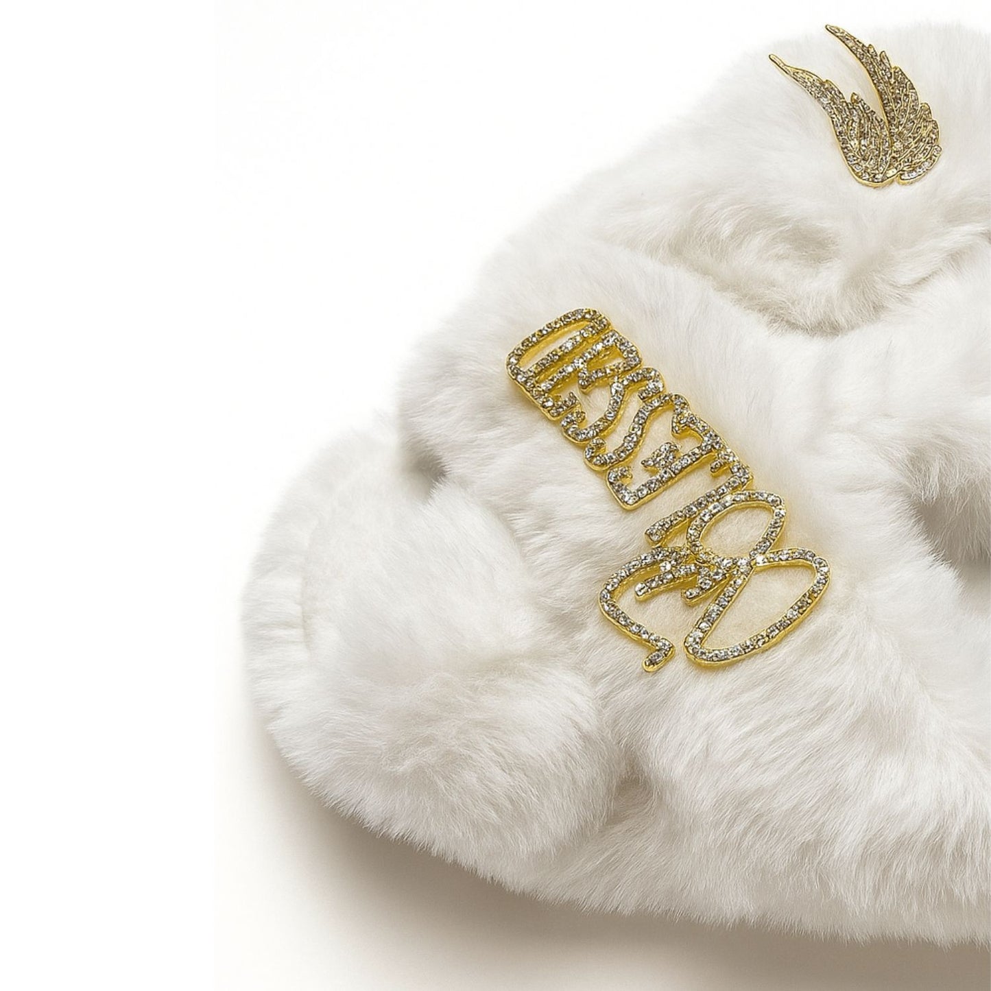 Faux Fur Slippers - Global Recycled Standard Certified with Blessed + Angel Wing Embellishment