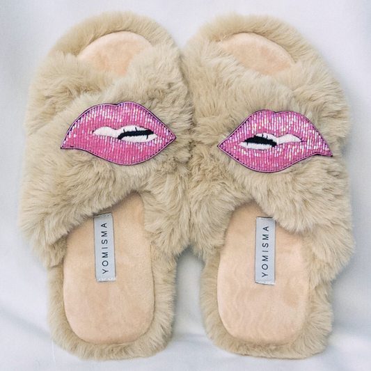 Faux Fur Slippers - Global Recycled Standard Certified with Lips Embellishment