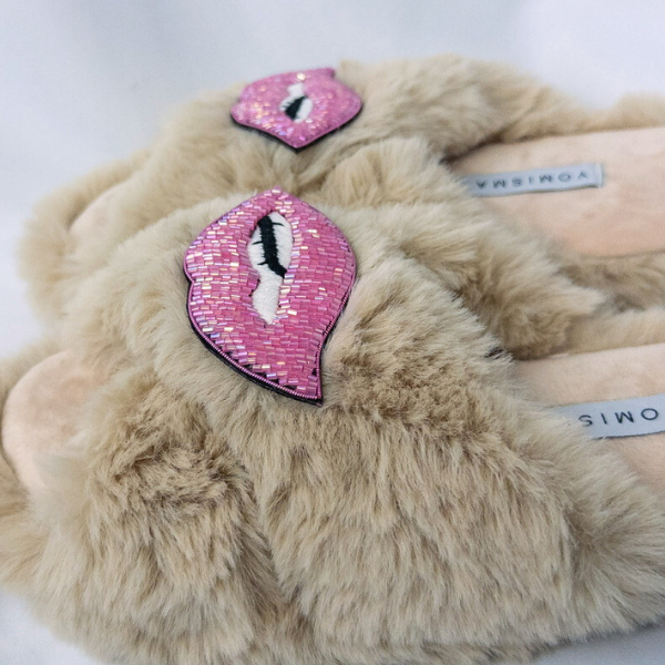 Faux Fur Slippers - Global Recycled Standard Certified with Lips Embellishment