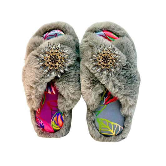 Faux Fur Slippers - Global Recycled Standard Certified with custom Carmen Lining + Grey tourmaline Brooches