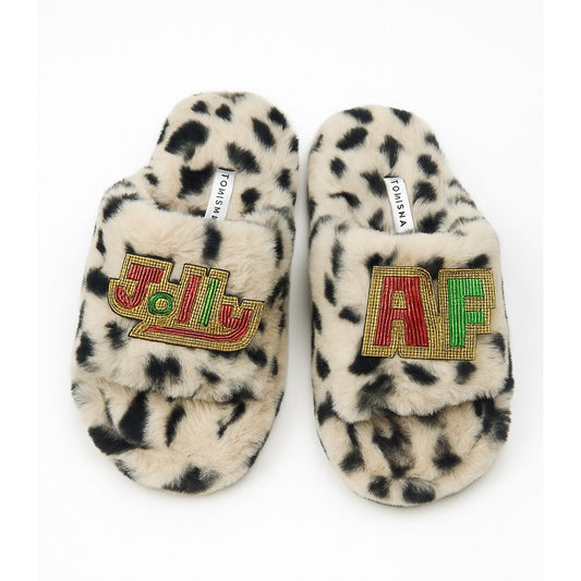 Eco Faux Fur Cheetah Holiday Platform Slide Slippers with Jolly + AF Hand Beaded Brooches