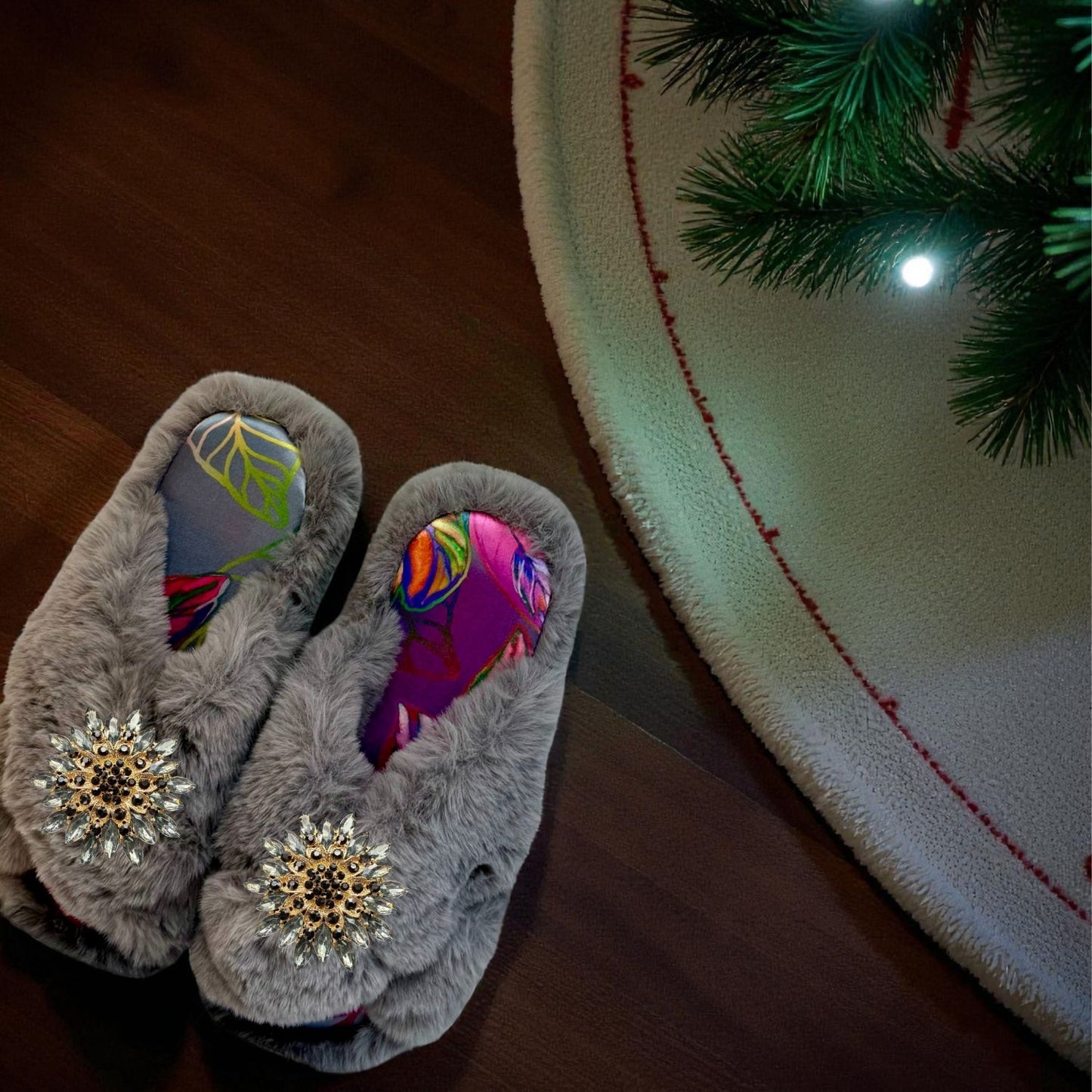 Faux Fur Slippers - Global Recycled Standard Certified with custom Carmen Lining + Grey tourmaline Brooches