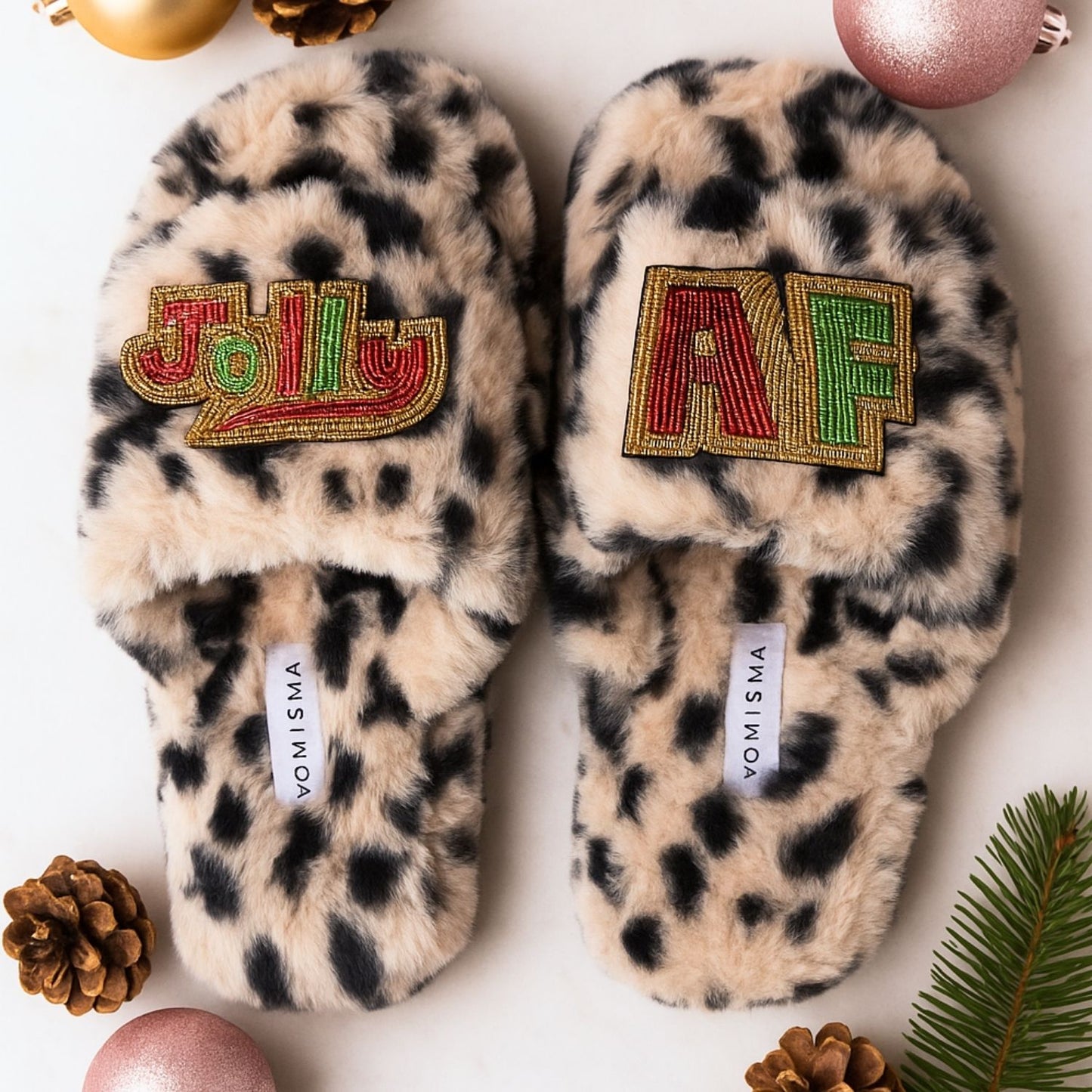 Eco Faux Fur Cheetah Holiday Platform Slide Slippers with Jolly + AF Hand Beaded Brooches