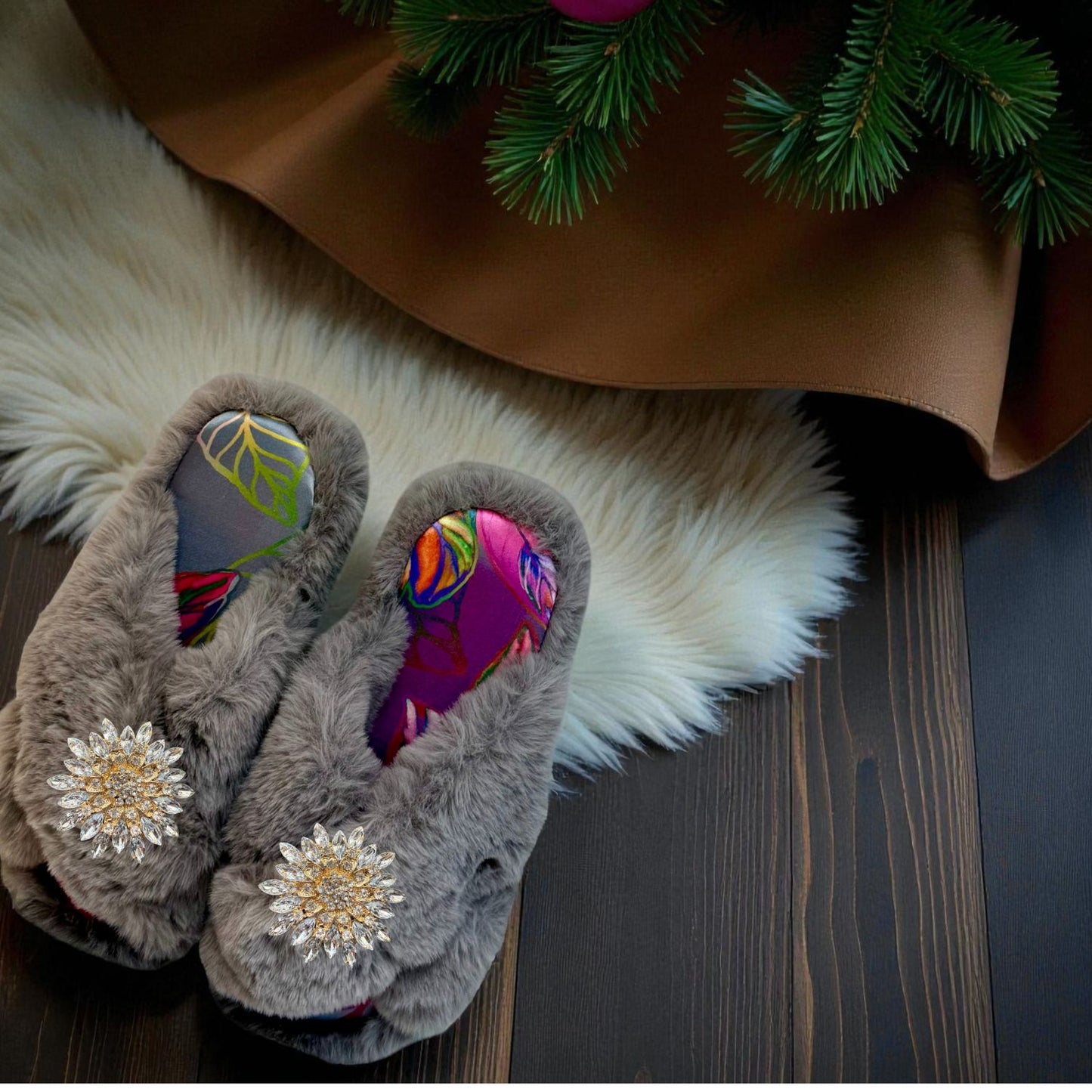 Faux Fur Slippers - Global Recycled Standard Certified with custom Carmen Lining + Clear Brooches