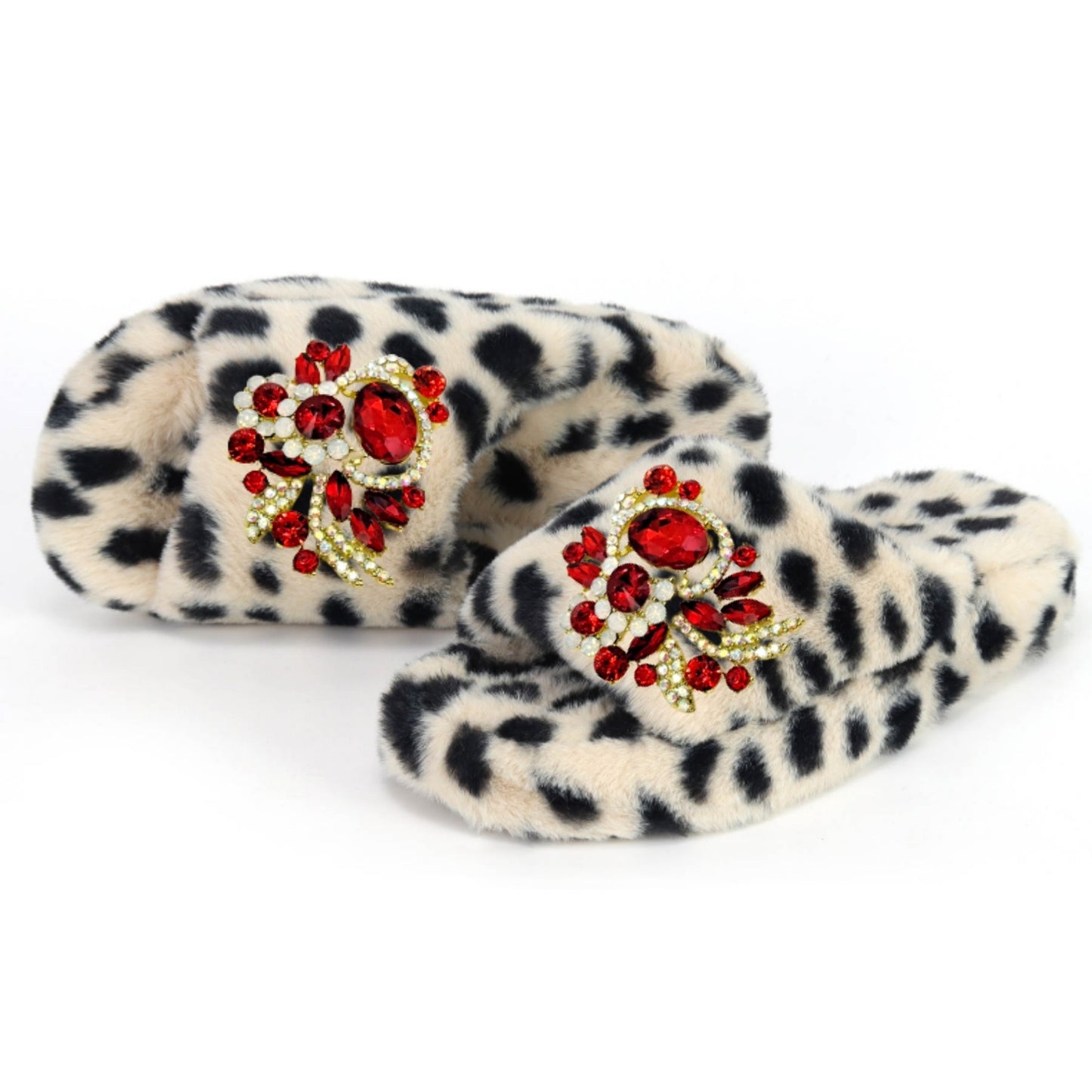 Eco Faux Fur Cheetah Platform Slide Slippers with Red and Clear Brooches