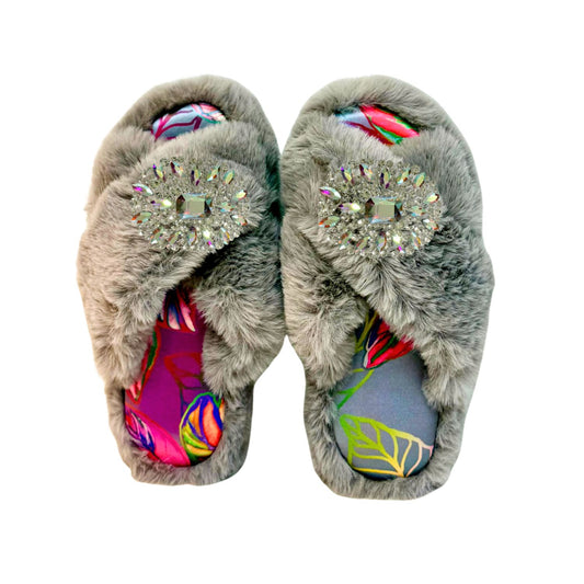 Faux Fur Slippers - Global Recycled Standard Certified with custom Carmen Lining + Iridescent Brooches