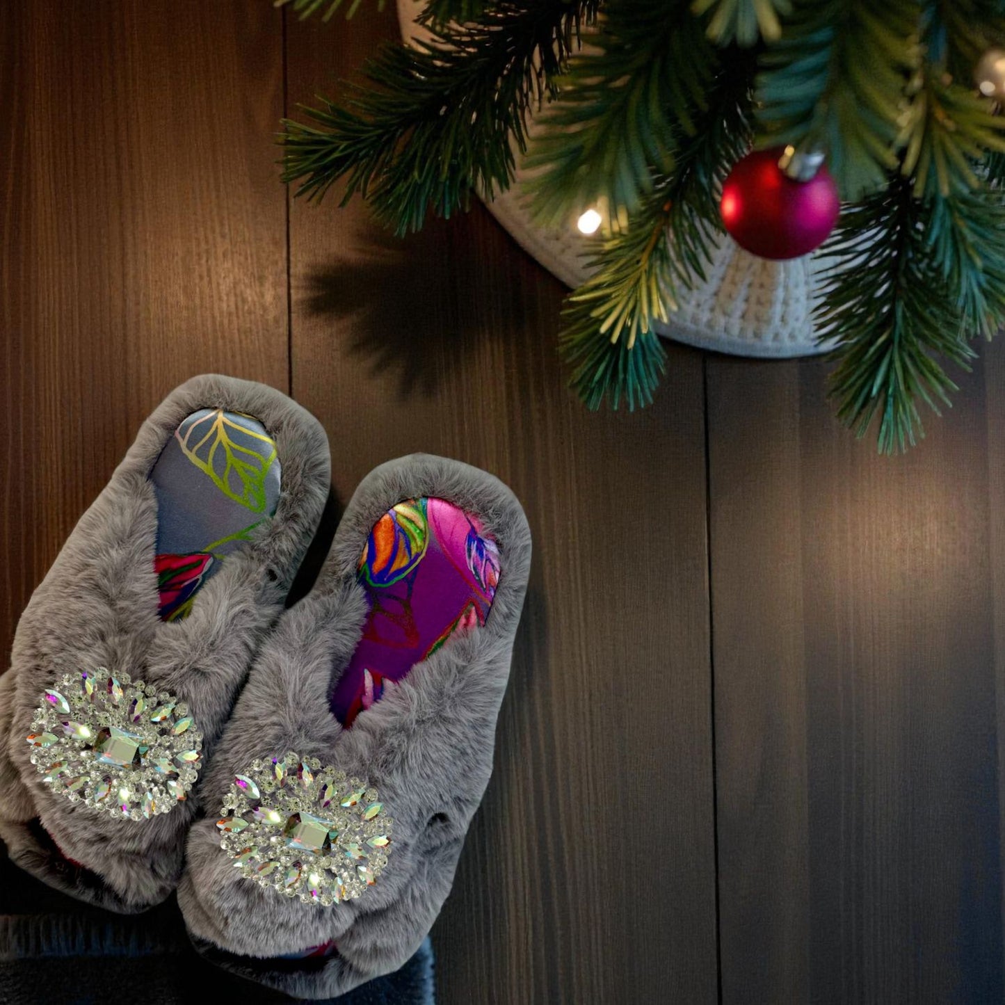 Faux Fur Slippers - Global Recycled Standard Certified with custom Carmen Lining + Iridescent Brooches