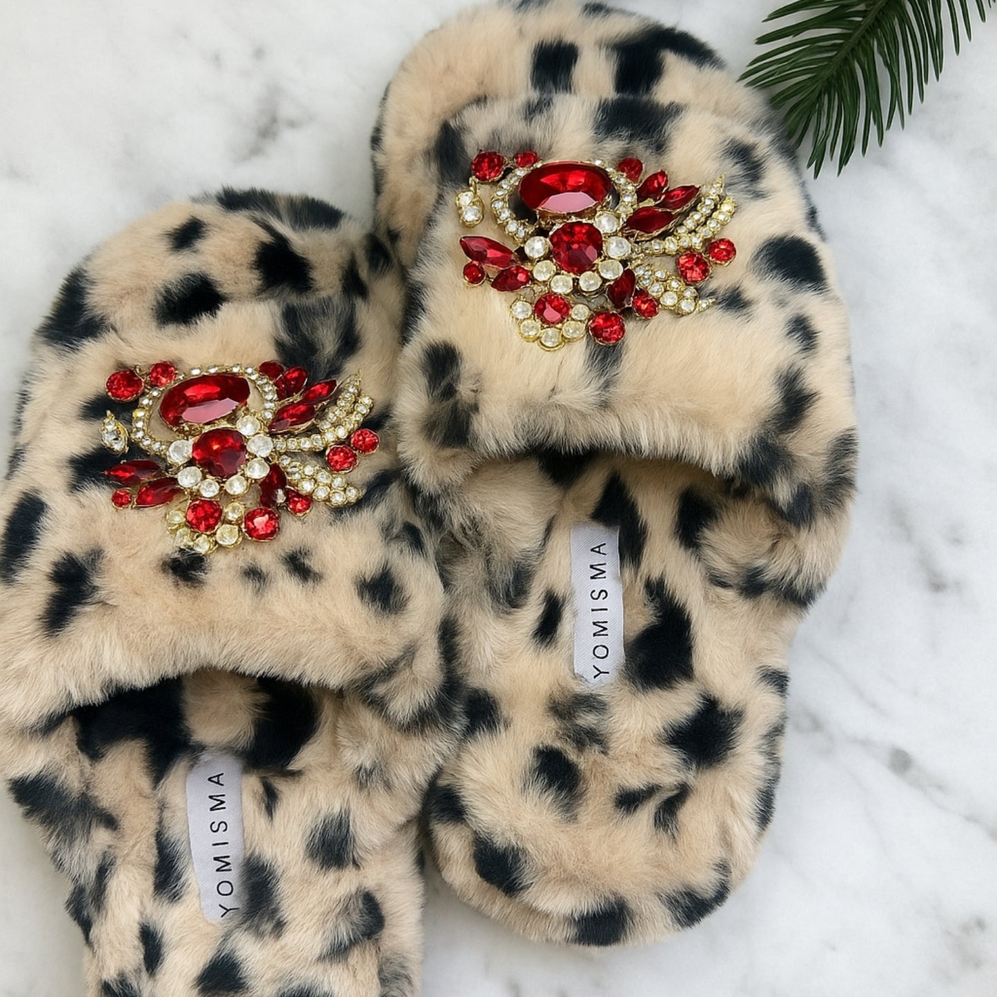 Eco Faux Fur Cheetah Platform Slide Slippers with Red and Clear Brooches