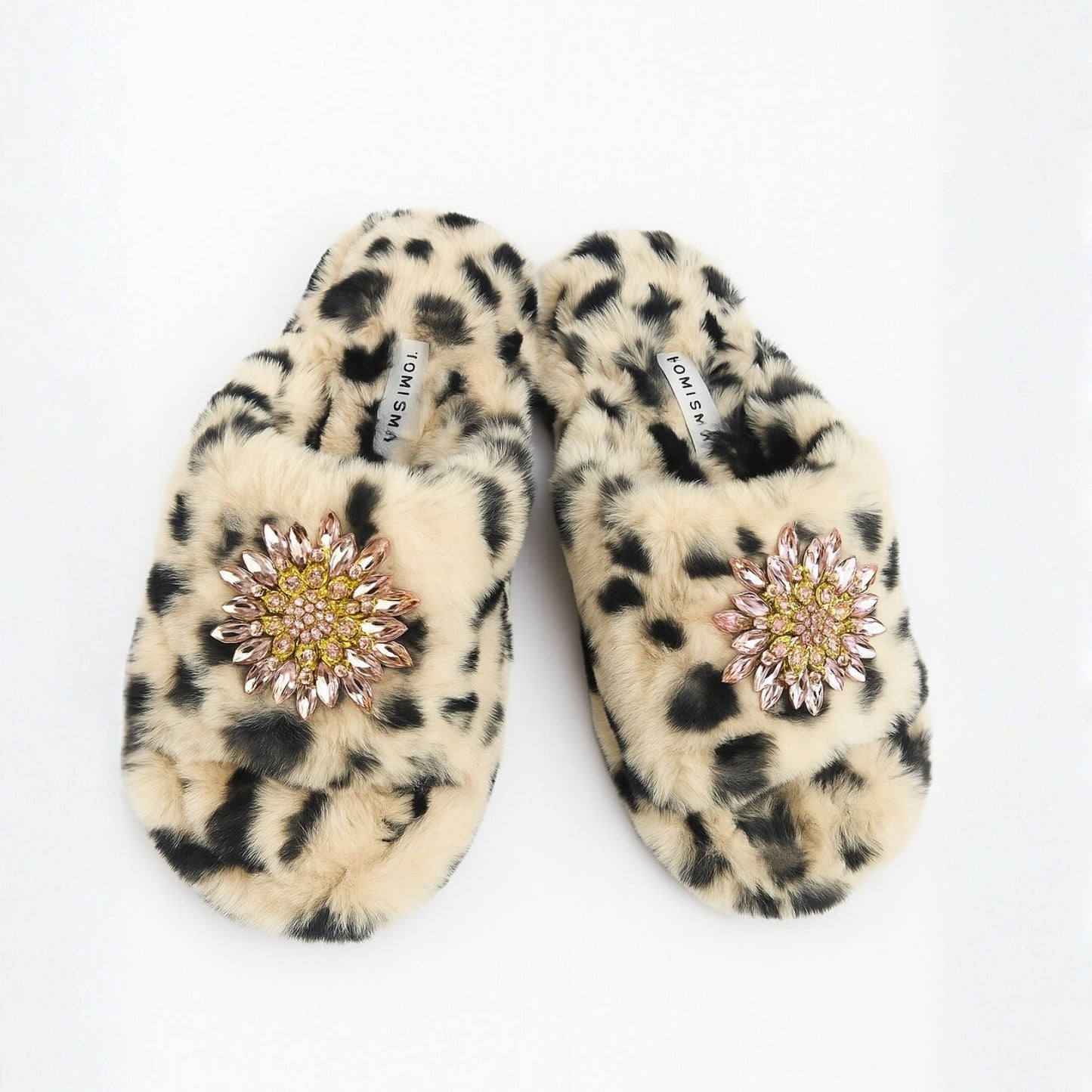 Eco Faux Fur Cheetah Holiday Platform Slide Slippers with Pale Pink Brooches